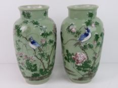 Pair of Celadon Glaze and enamels Oriental vases- Each Chinese vase having a blue sparrow like bird