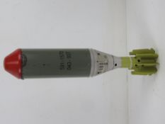 An inert Swiss mortar round (lime green fins) 33cm in length.