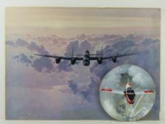 Print mounted on board; Lancaster bomber in flight by Coulson 76 x 54cm.