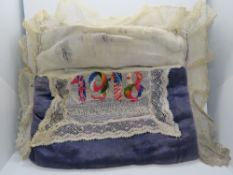 Embroidered WWI '1918 Souvenir from France' cloth pouch having lace trim.