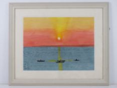 Frank Watkins; Watercolour 'Embaraduro' being a sunset scene with fishing boats upon water with land