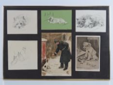 A montage of sketches and prints featuring soppy eyed dogs, frame measuring 61 x 42cm.