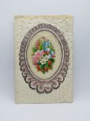 A decoupage Sweetheart or Valentines card, central bouquet on paperlace, no message within,