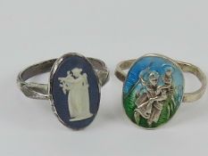 Two silver rings; enamelled St Christopher size N-O,