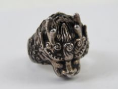 A white metal Chinese style dragon's head ring, stamped S925, size Q-R (slightly adjustable) 11.7g.