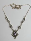 A vintage style amethyst and marcasite necklace, stamped 925, adjustable length chain.