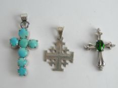 Three cross / crucifix pendants each stamped 925, one set with turquoise, 3cm inc bale,