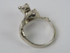 A silver ring in the form of a cat, stamped 925, size P-Q.