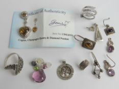 A quantity of silver and white metal jewellery, including crystal pendant, Champagne Quartz pendant,