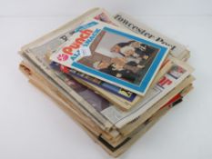A quantity of newspapers having Diana and John Lennon themed headlines, also copy of The Punch, etc.
