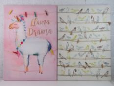 A quantity of modern canvas prints, two with pegs for photos, one with battery powered lights.