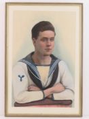 Painting on silk; portrait of a leading stoker Royal Navy sailor in tropical dress,