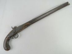 A c1850s percussion shotgun, approx 20 bore, shoulder stock removed, having pistol grip,
