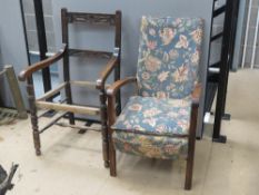Two wooden framed armchairs, a/f.