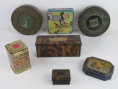 A quantity of vintage biscuit tins, mostly Huntley & Palmer, also a tea tin and a small cash tin.