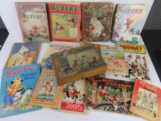 A quantity of vintage childrens books including Rupert the Bear, Sooty, Snow White, Noddy etc.