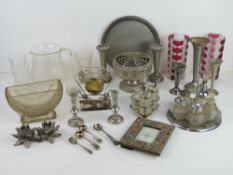 A quantity of assorted glass and metalware including ARt Deco hemispherical bowl,
