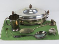 A quantity of silver plated items including chafing dish with turned wooden end handles,