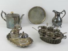 A quantity of silver plated wares including teapot, boiled eggs tray, cruet set, etc.