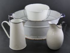 Four vintage enamelled items including bucket and jug.