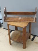 An Art Deco octagonal oak side table, a/f, 41 x 41 x 55cm, together with a wall shelf 65cm wide.