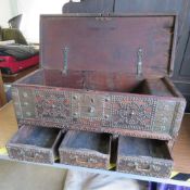 A late 17th / early 18th century style strong box, studded throughout and having decorative hinged,