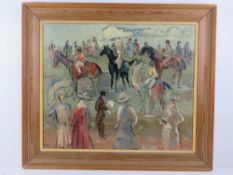 Oil on canvas; impressionist influence, jockeys on horseback,