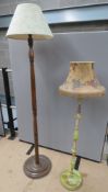 Two lamp standards, one oak the other being a 1970s plasticised 'onyx' lamp, for rewiring.