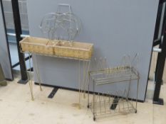 Two mid 20th century magazine racks together with a similar planter stand having hair pin legs.