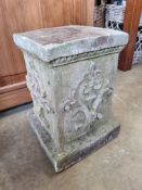 A square shaped pre-cast stone pedastle, 34cm high.