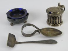 A small cruet HM silver mustard pot having Bristol blue glass liner,