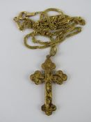 A 9ct gold crucifix on 9ct gold chain, pendant 3cm inc bale, chain 45cm in length. Total weight 2.