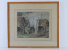 Pencil and pastel; 3 cows in a milking shed with farmer on stool, signed lower right indistinct.