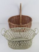 A Cream painted metal basket together with wicker basket with loop handle.