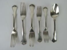 Three dinner forks, two salad forks and a tablespoon, worn marks, untested, 378.2g.