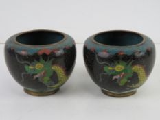 A pair of cloisonné Canton enamel short vases in black ground with yellow and green dragons upon