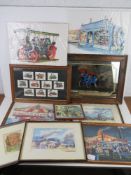 A large quantity of steam engine themed items including mirror, prints, cigarette card montage etc.