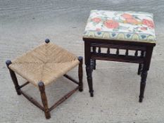 A piano stool and a low fireside stool. Two items.