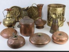 A good antique fireplace lidded copper pot having iron swing handle over together with a quantity