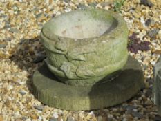 A small barrel style planter and stepping stone base, planter 14cm high and 23cm dia.