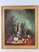 Oil on canvas pewter and glass still life by Anthony Payton 1987 in Bright's of Nettlebed gilt