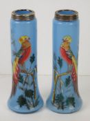 A pair of delightful handpainted blue opaline glass and HM silver bud vases,
