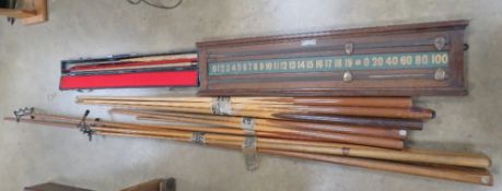 Snooker Room accessories including scoreboard, cues, rests, balls, pockets, rack etc.
