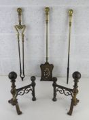 A five piece large brass fireside companion set comprising poker, tongs,