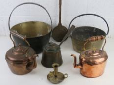 Two brass jam pans, 2 copper kettles, a copper hot chocolate pot etc.