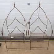 A pair of cotemporary Gothic style arched back garden chairs. Approx measurements 67cm wide, 36.