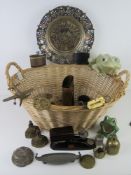 A twin handled wicker basket and containing a quantity of items including veteran series weighing