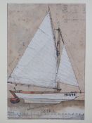 A pencil sketch and watercolour of a sailboat 'Istra' with scale below and pencil annotations,