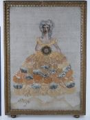 A large gilded framed cloth depiction of Georgian fine lady.