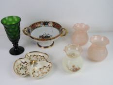 A hand painted Myott Son & Co hors d'oeuvres dish together with three glass table lampshades,